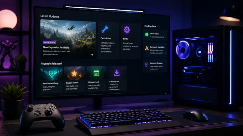 Gaming release, patch, DLC, and platform update concepts