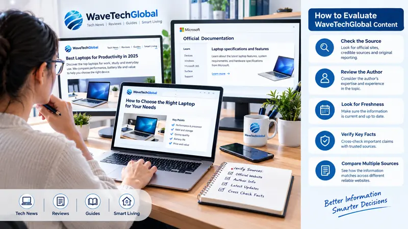 Concept: Researcher comparing a technology article with official documentation and source verification on multiple screens.